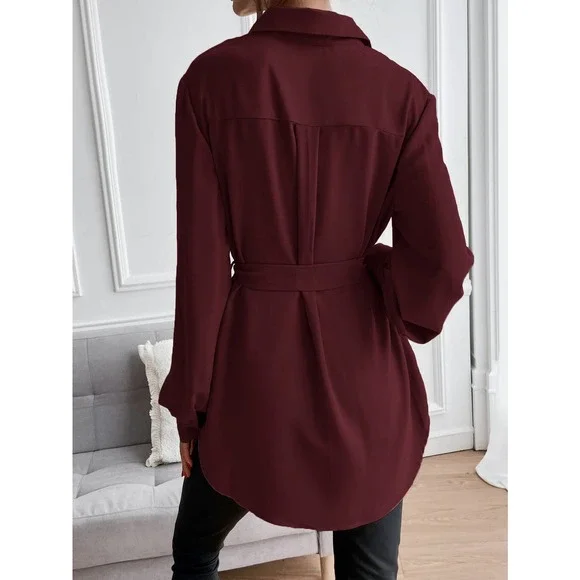 long sleeve Button down Belted tunic length Shirt black - Picture 11 of 11